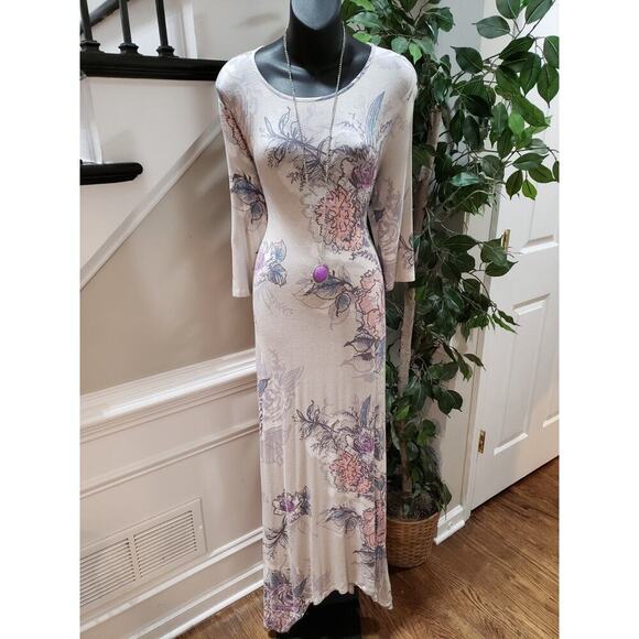 Annabelle Women's Gray Floral Rayon Round Neck 3/4 Sleeve Long Maxi Dress Small - Picture 1 of 13
